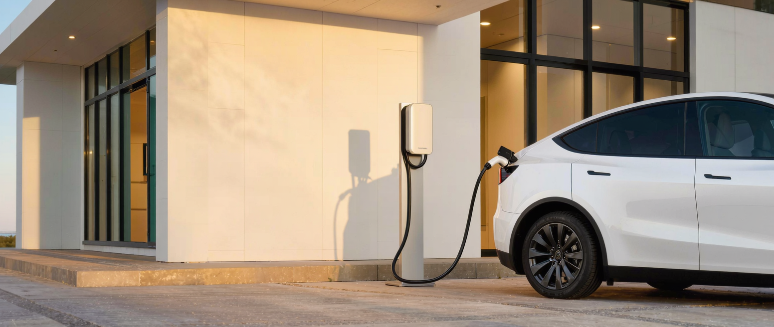 Ładowarka wallbox i samochód elektryczny przy domu